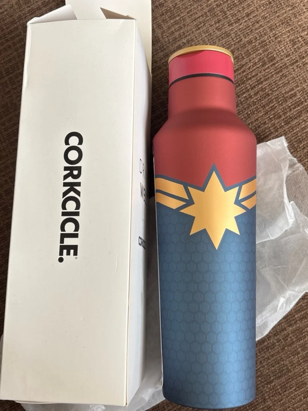 Corkcicle Captain Marvel Insulated Bottle - Red, Blue, Gold - Picture 1 of 4